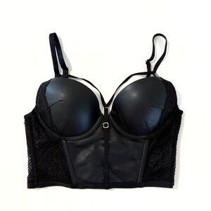VICTORIAS SECRET BLACK LEATHER FISHNET MESH VERY SEXY PUSH-UP CORSET BUSTIER BRA